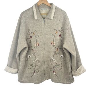 VTG East West Beige Fleece & Embroidered Floral Pattern Full Zip Sweater 2X